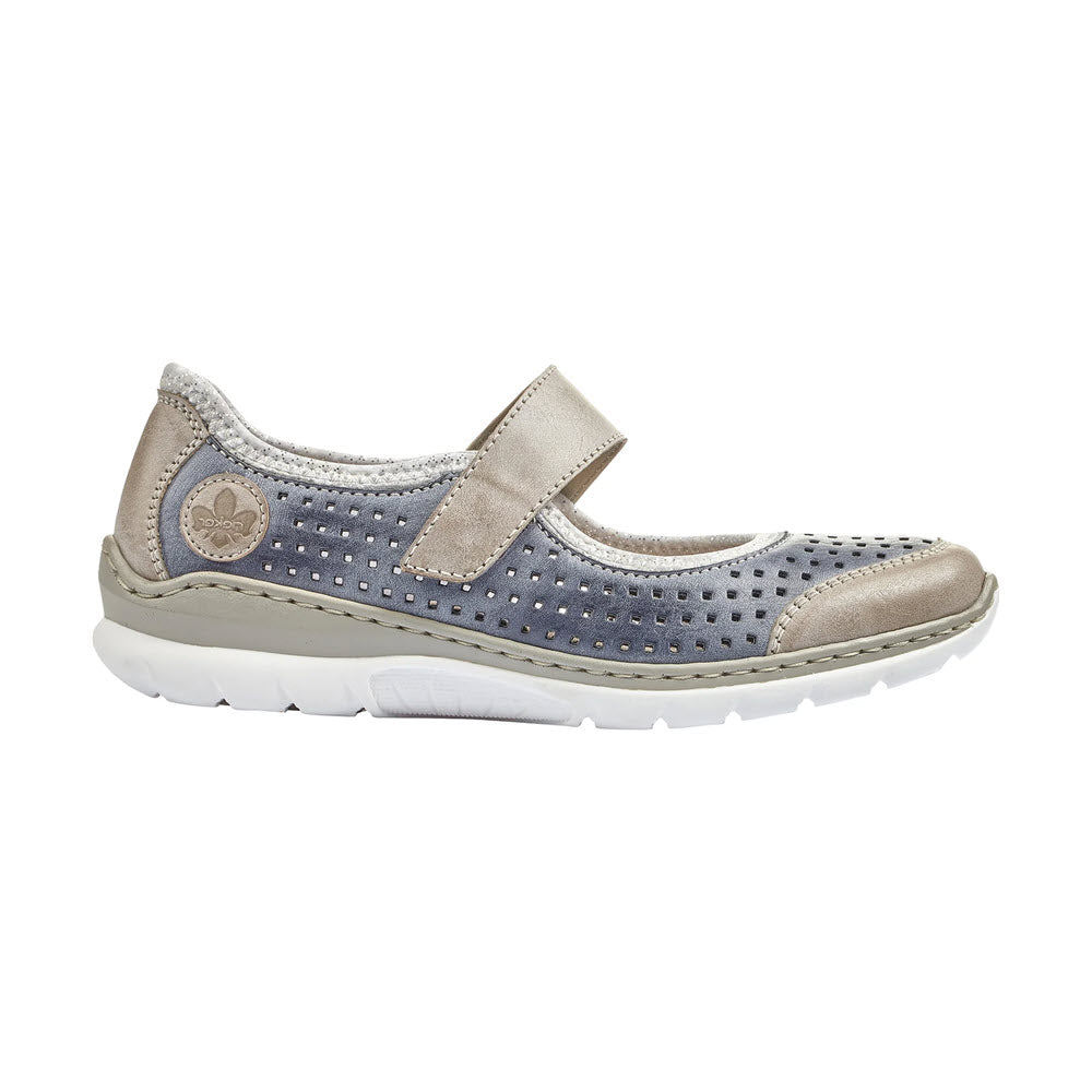 Beige casual Rieker women&#39;s sneaker with velcro strap and perforated detail on white background.