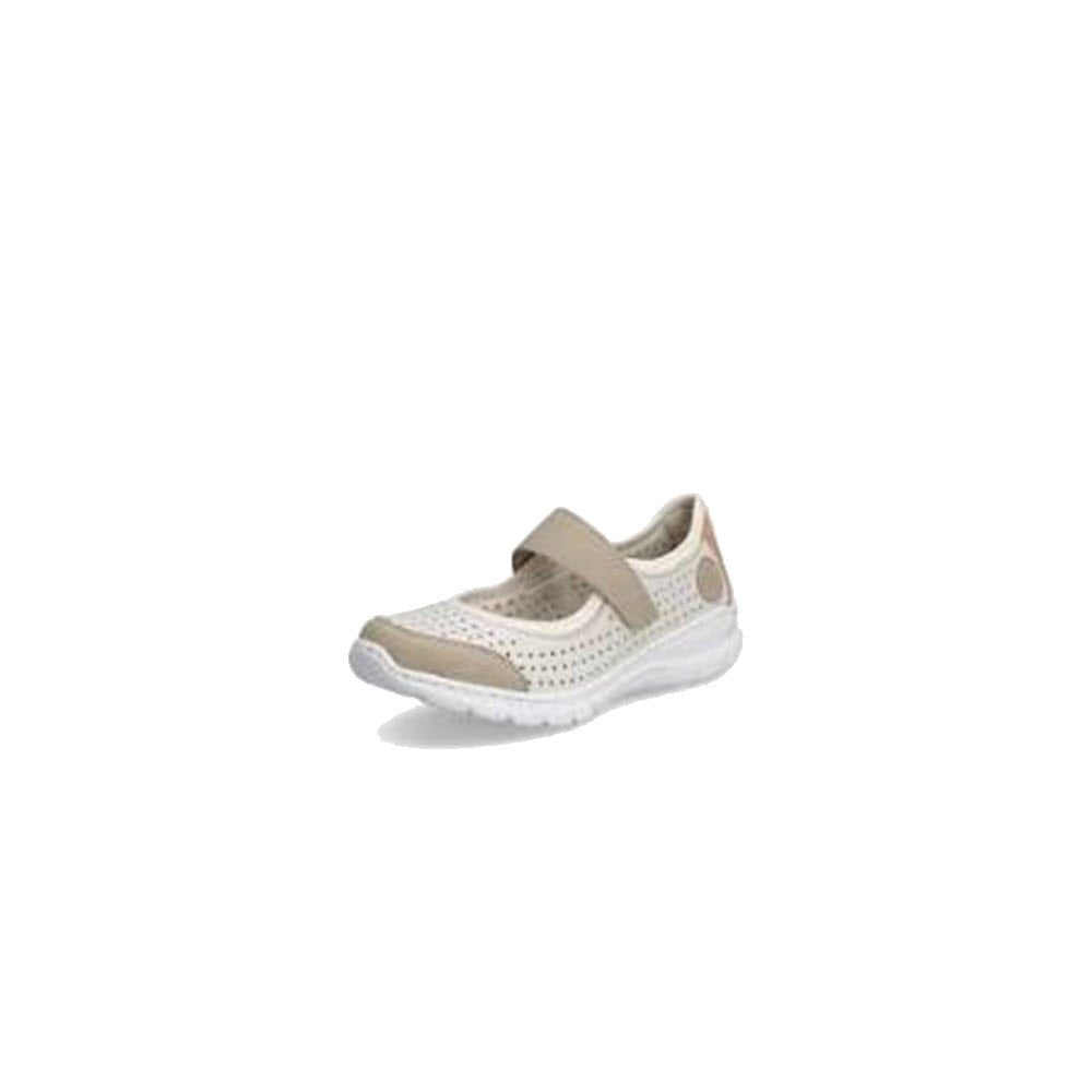 Single Rieker beige toddler shoe in faux leather with a Velcro closure and perforations, displayed on a white background.