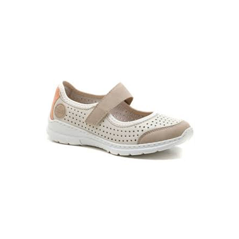 Beige toddler shoe with a velcro closure and perforated details on a white background, like the Rieker PerfEd Mary Jane Off White - womens.