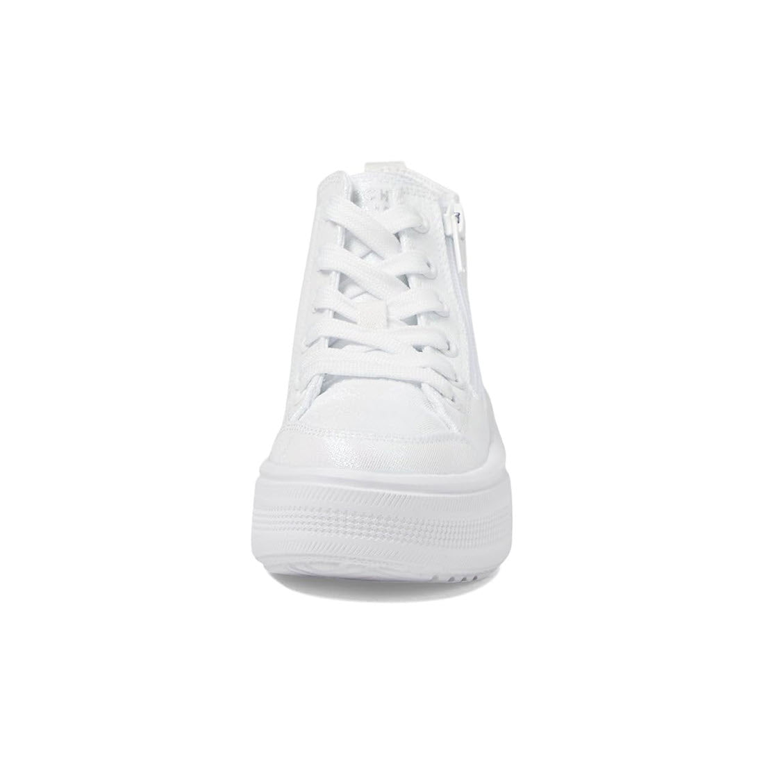 Front view of a Skechers Hyperlift White - Kids high-top fashion sneaker with laced-up white shoelaces on a white background.