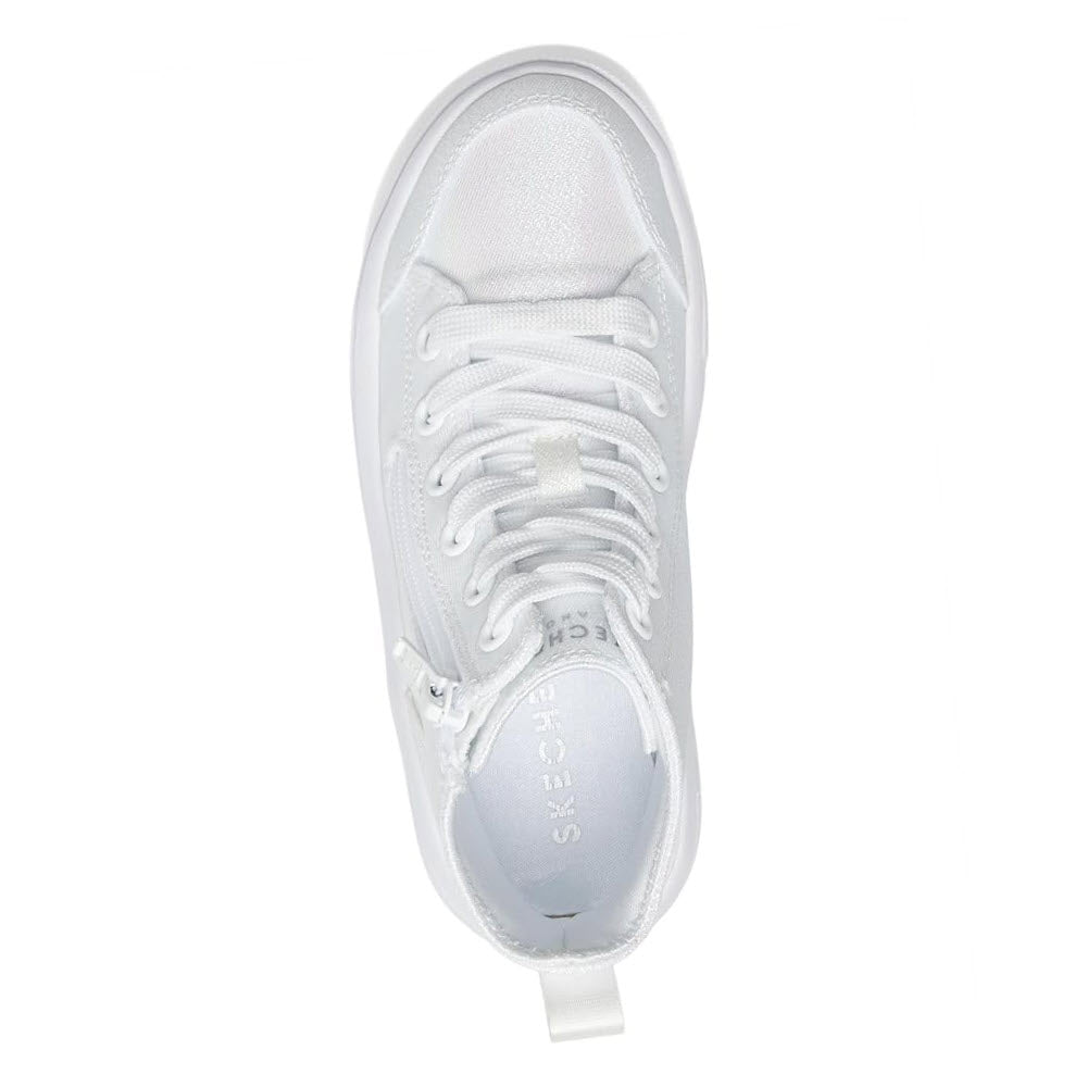 Top view of a white Skechers Hyperlift high-top fashion sneaker with laced up white shoelaces on a plain background.