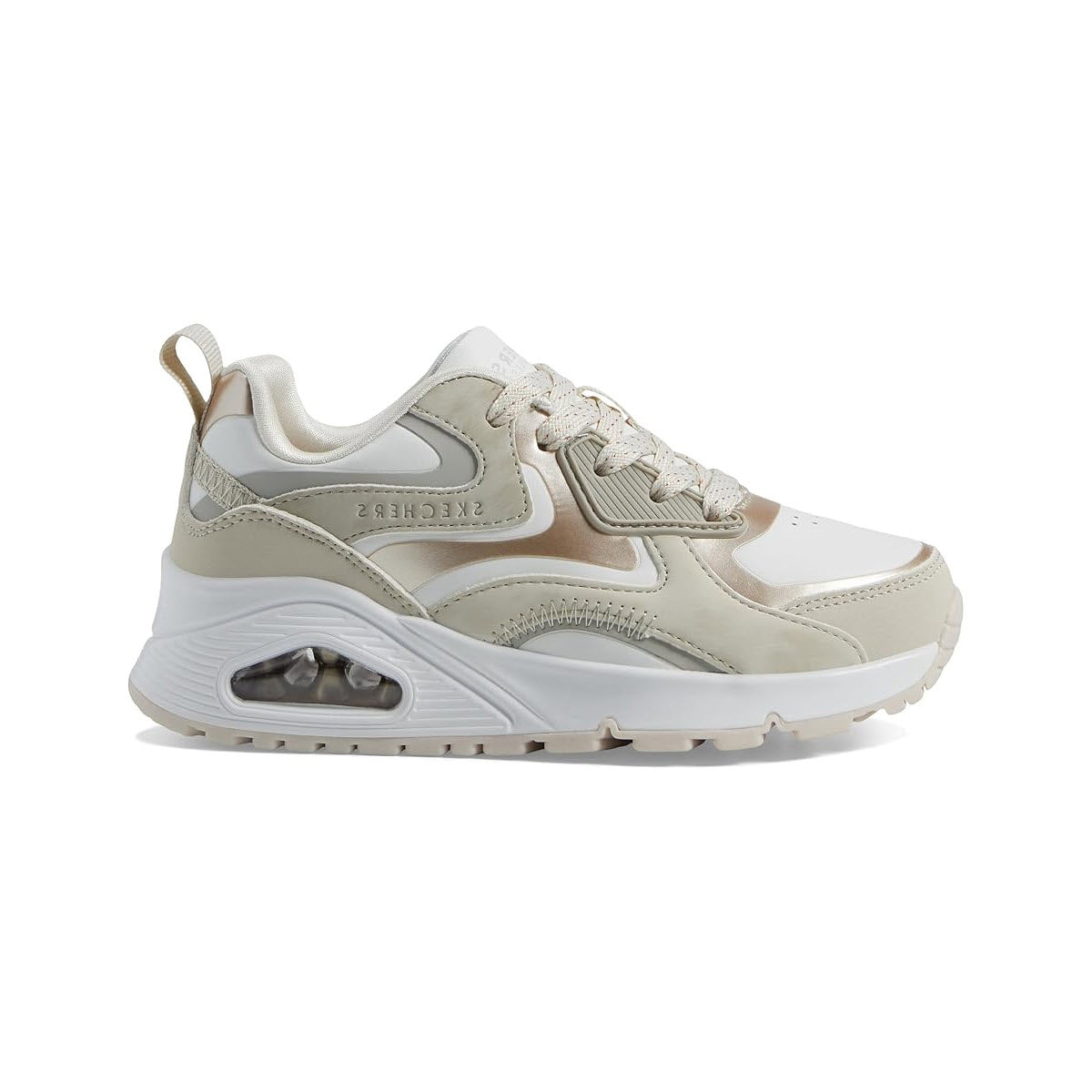 A beige Skechers UNO Gen 1 Color Surge Natural sneaker with a chunky white Skech-Air midsole and visible air cushion in the heel, displayed on a white background.