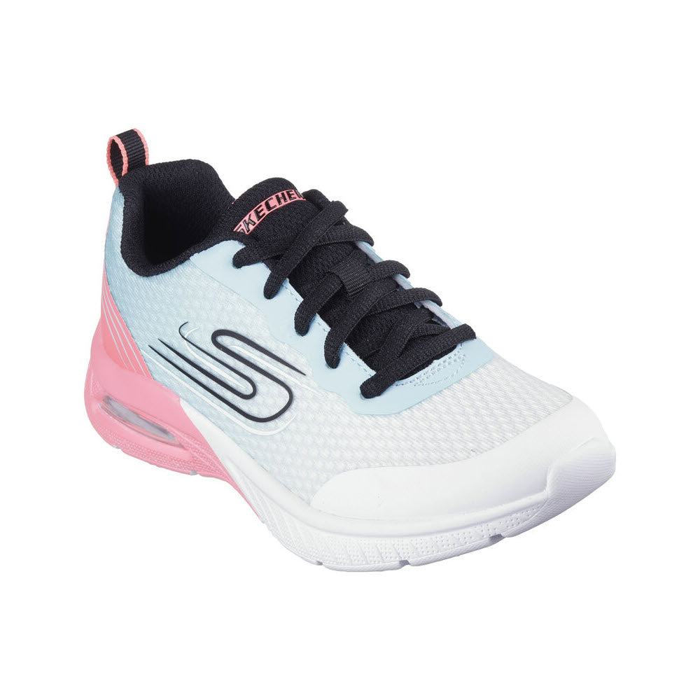A modern athletic shoe featuring a white body, sky blue mesh front, black laces, a pink heel accent, and a sleek side logo design with a cushioned comfort insole is the SKECHERS MICROSPEC MAX PLUS ECHO SPEED WHITE MULTI - KIDS by Skechers.