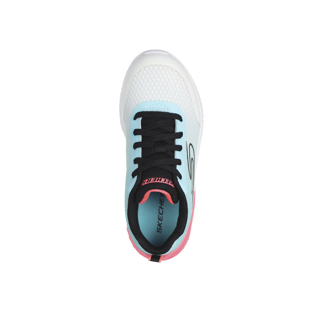 Top view of a white Skechers Microspec Max Plus Echo Speed athletic shoe with black laces, blue accents, and a pink sole on a white background.