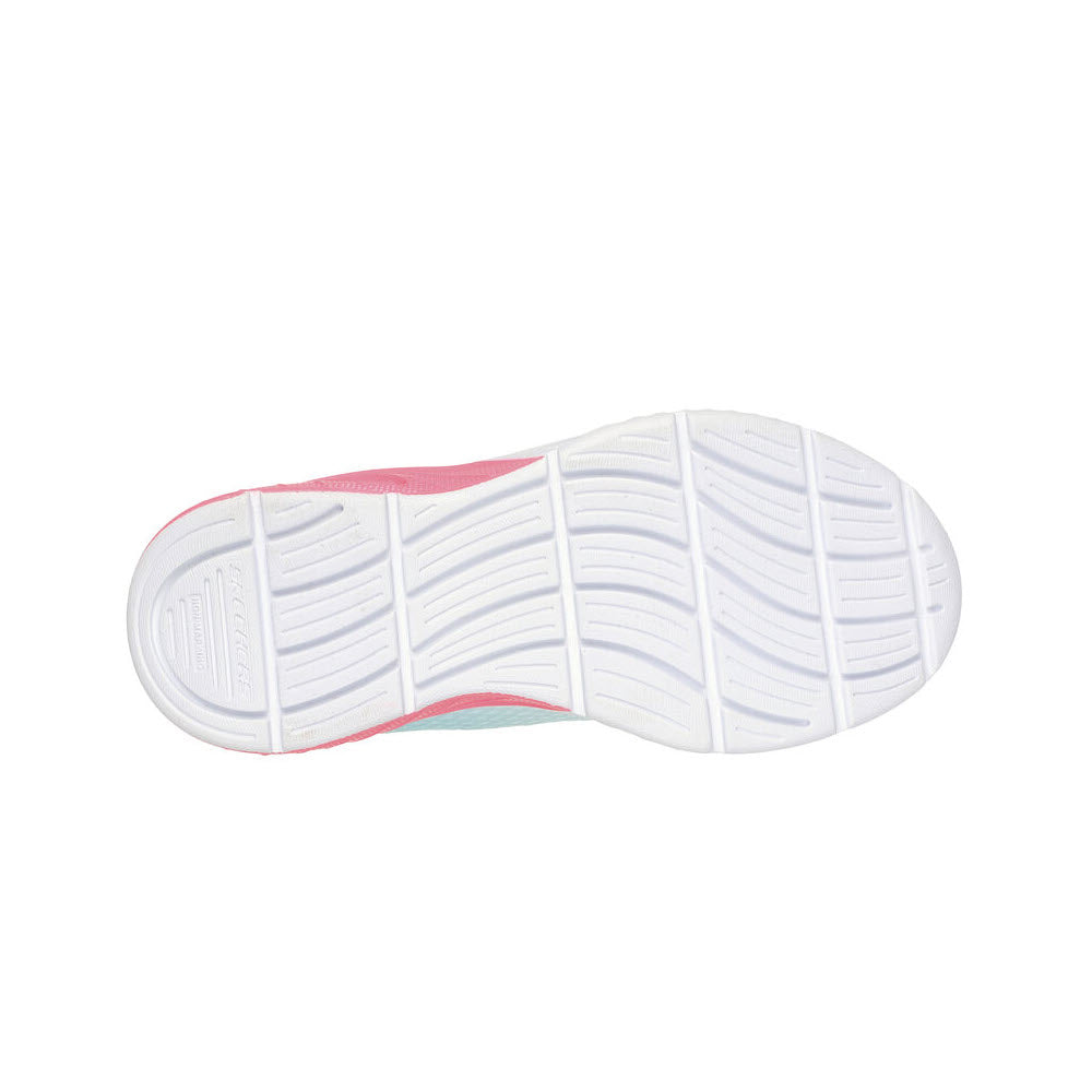 A bottom view of an athletic shoe with a white tread pattern featuring pink and teal accents and a Skech-Air visible air bag midsole. - SKECHERS MICROSPEC MAX PLUS ECHO SPEED WHITE MULTI - KIDS by Skechers.
