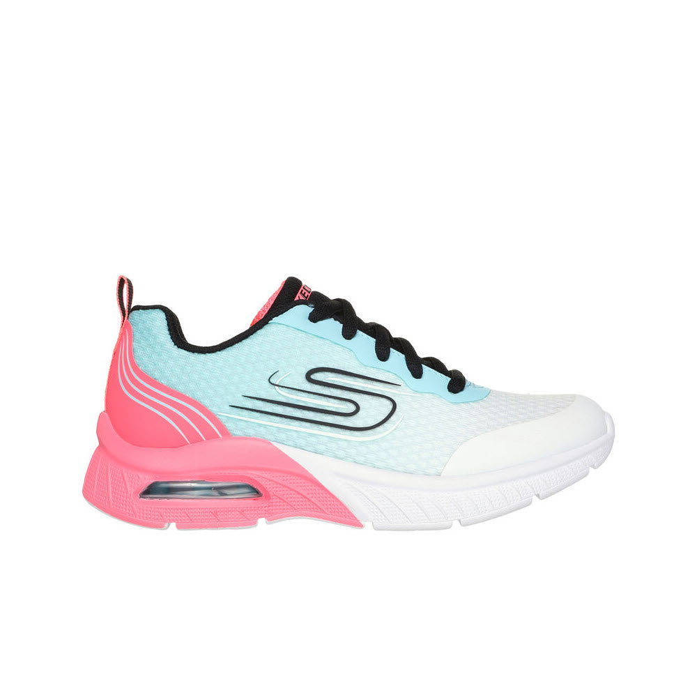 A Skechers Microspec Max Plus Echo Speed White Multi kids sport shoe with a white and sky blue upper, pink sole, and black laces, featuring the brand&#39;s logo on the side and a Skech-Air visible air bag midsole.