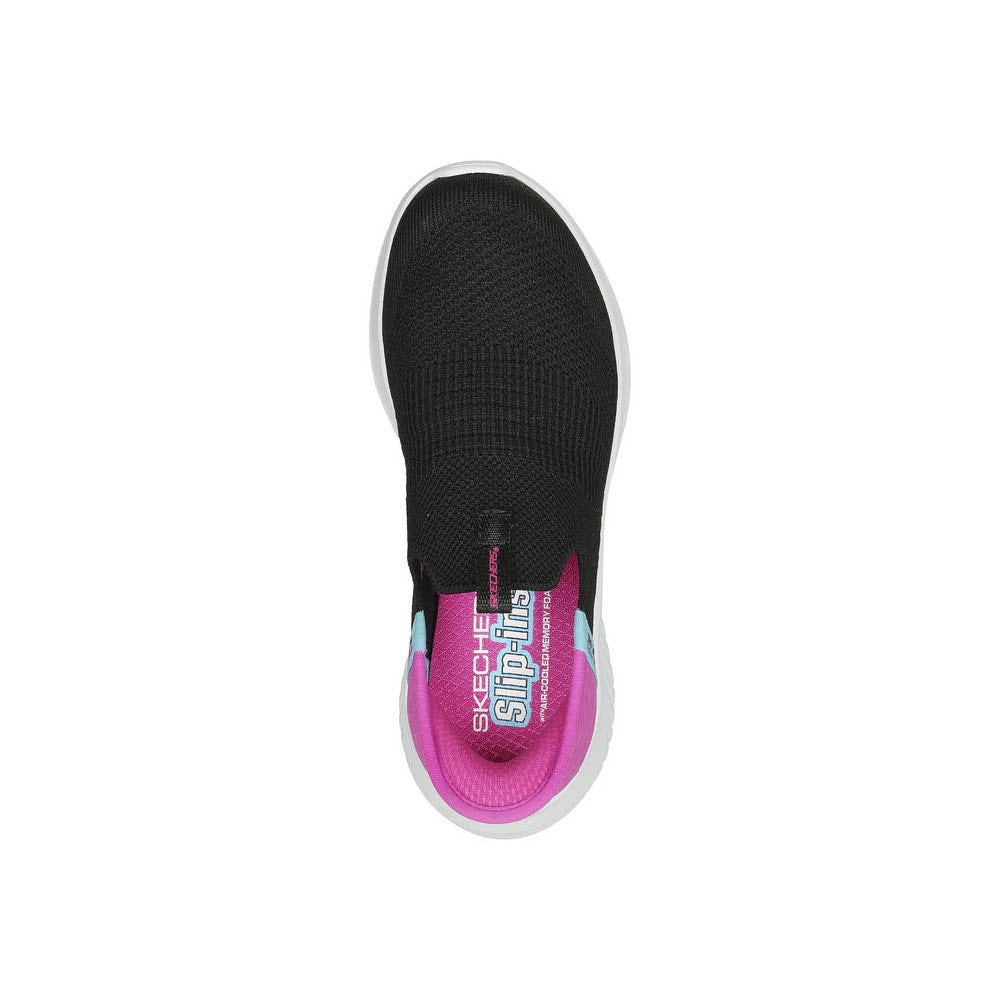 Top view of a black Skechers Slip Ins Ultra Flex 3.0 sneaker with a magenta Air-Cooled Memory Foam insole and a visible logo on the heel pull tab.