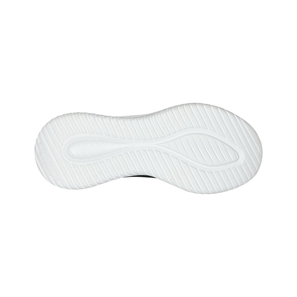 White rubber shoe sole with textured design and grooves, featuring Air-Cooled Memory Foam from Skechers SLIP INS ULTRA FLEX 3.0 BLACK/PINK - KIDS, isolated on a white background.