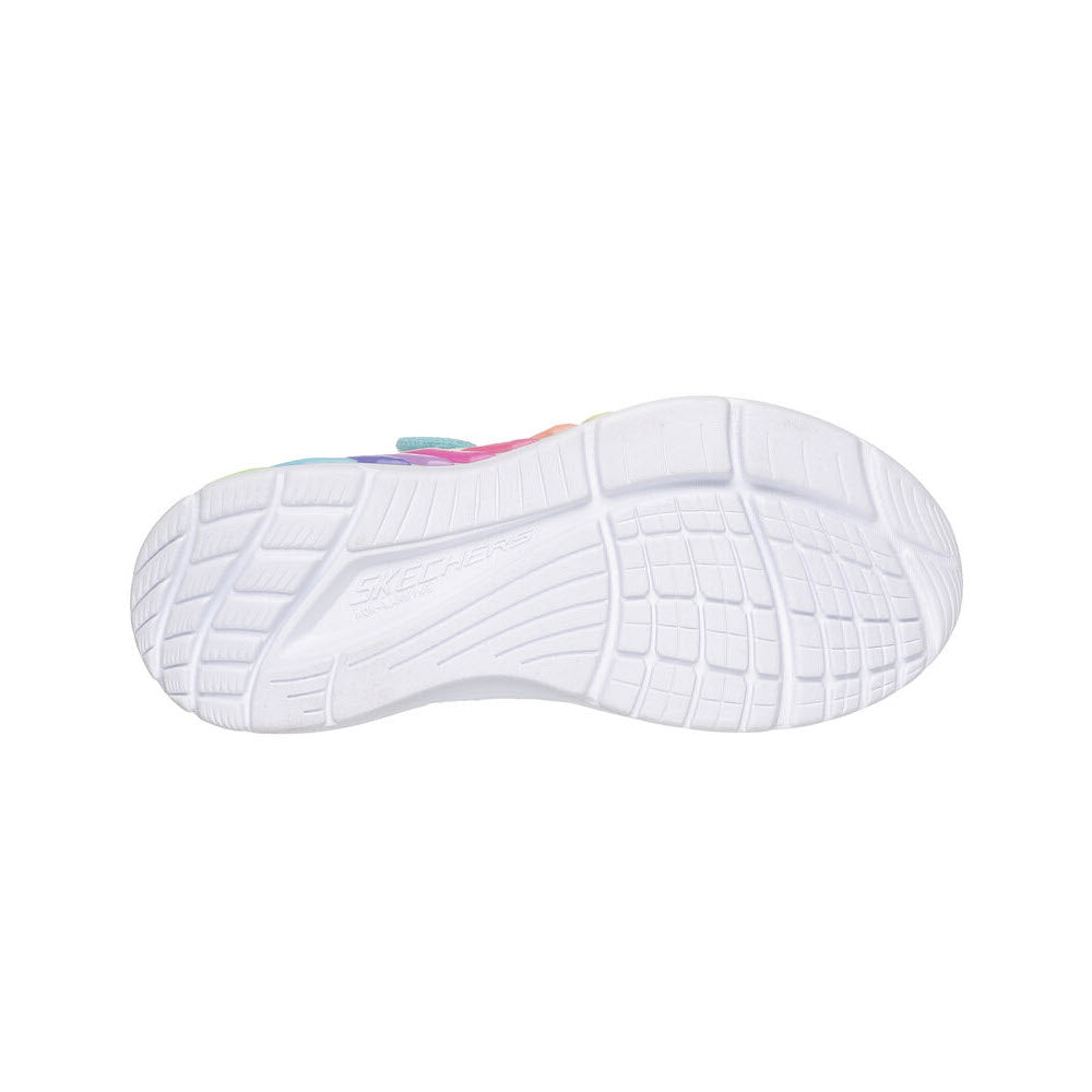 White Skechers Rainbow Cruisers Turquoise Multi sneaker sole with a pastel color trim, viewed from below.