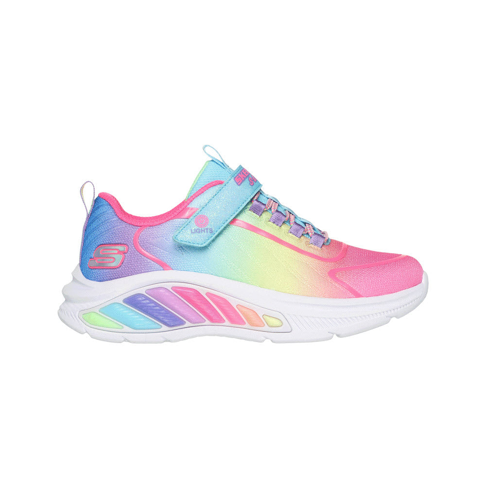 A colorful Skechers Rainbow Cruisers Turquoise Multi light-up sneaker featuring a multicolored pastel design with white soles and laces.