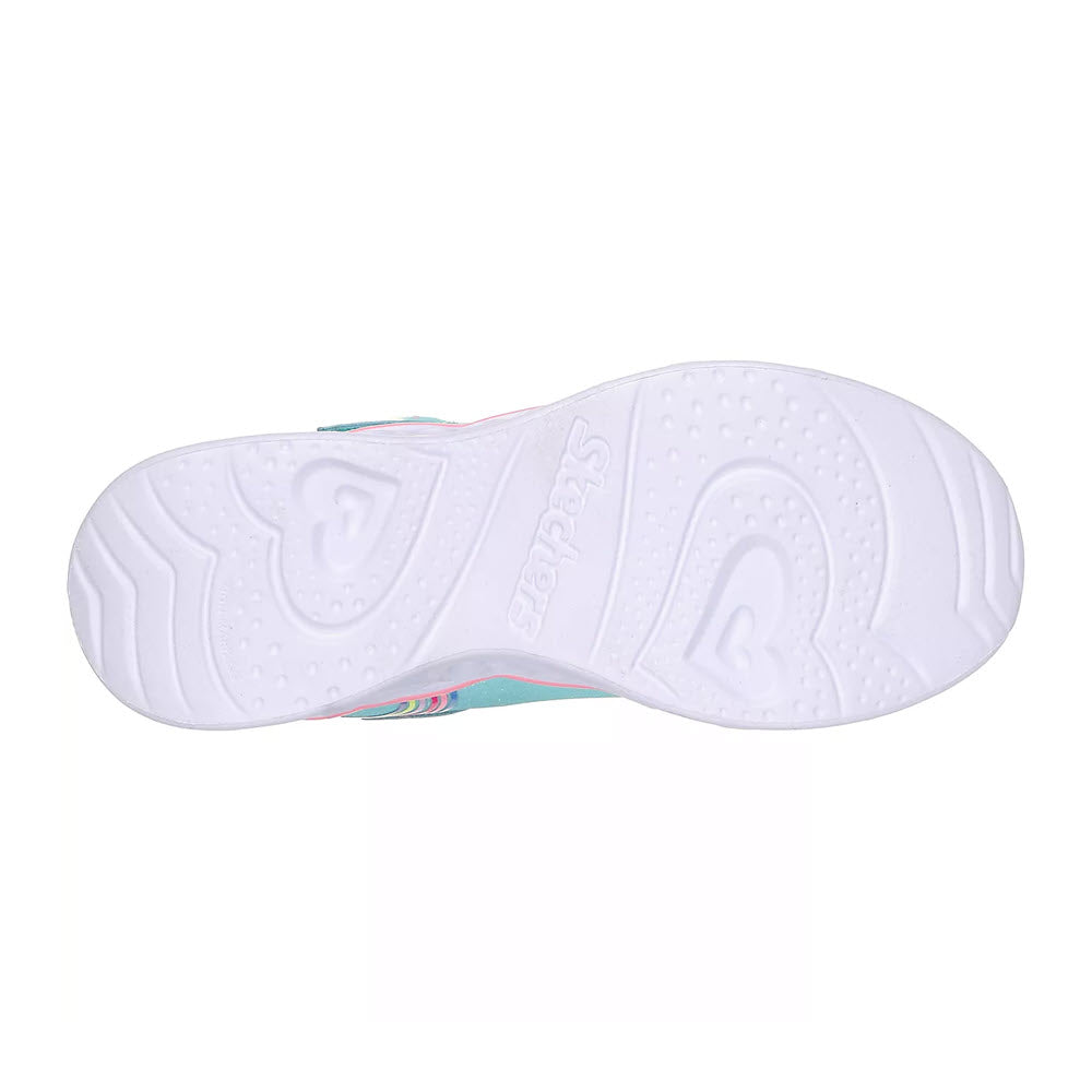 Bottom view of a Skechers sneaker displaying the white sole with textured patterns and an embossed SKECHERS HEART LIGHTS RETRO HEARTS TURQOUISE MULTI - KIDS logo.