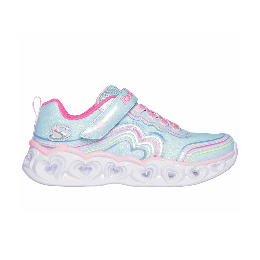 A colorful children&#39;s sneaker featuring pastel blue, pink, and purple with rainbow heart print and a chunky sole. Try the Skechers Heart Lights Retro Hearts Turquoise Multi - Kids.