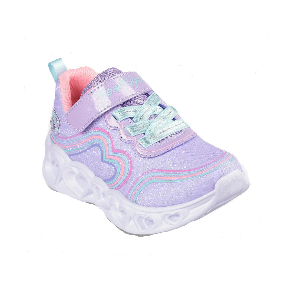 A child&#39;s pink and purple Skechers Heart Lights Retro Hearts Lavender Multi sneaker with glitter details and white soles, featuring a roller embedded in the heel.