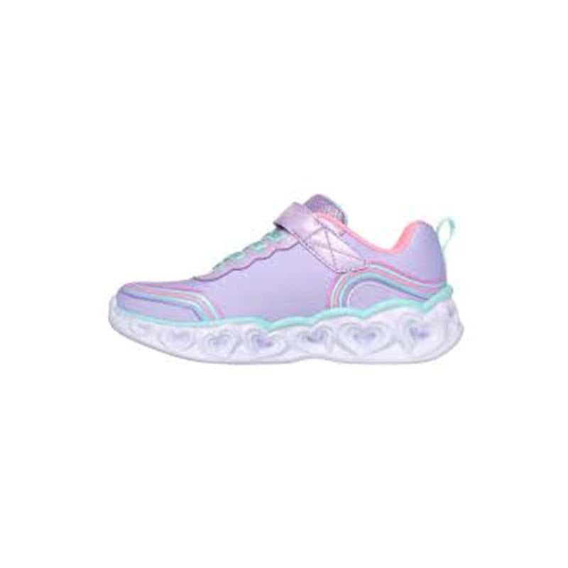 A single pastel-colored sneaker from Skechers Heart Lights Retro Hearts Lavender Multi - Kids with wavy, cloud-like soles and iridescent trim, displayed against a white background.