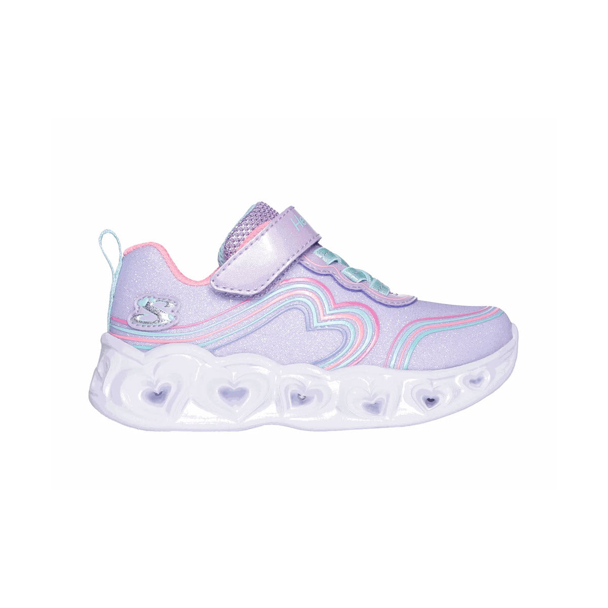 A child's sneaker by Skechers Heart Lights Retro Hearts Lavender Multi - Kids in pastel colors with velcro straps and a cushioned sole.