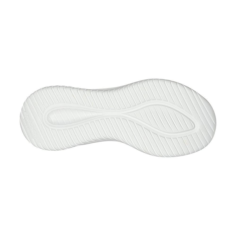 White sneaker sole with a wavy tread pattern and a thin, elongated oval design in the center featuring Air-Cooled Memory Foam for added comfort, like the SKECHERS SLIP INS ULTRA FLEX 3.0 BLACK/WHITE - KIDS by Skechers.