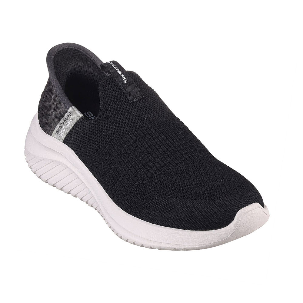 A single black Skechers Slip Ins Ultra Flex 3.0 sneaker with a white sole, featuring a breathable mesh upper and a cushioned heel collar.