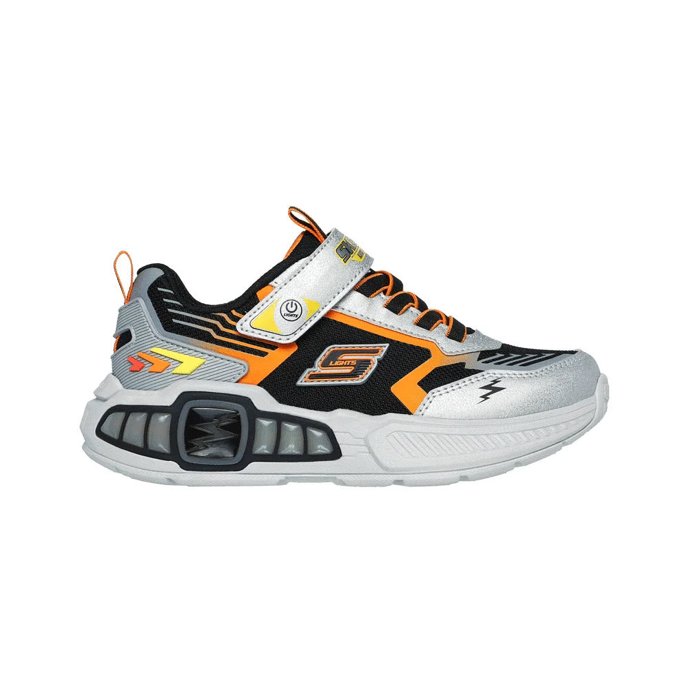 A single Skechers S-Lights Light Storm 3.0 Silver athletic shoe with a white sole, black and gray upper, and orange accents, featuring the brand's logo on the side.