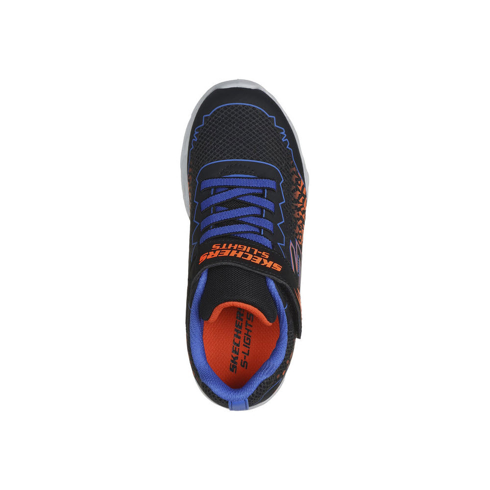 Top view of a blue and black Skechers S-LIGHTS VORTEX 2.0 sneaker with orange accents and laces, isolated on a white background.