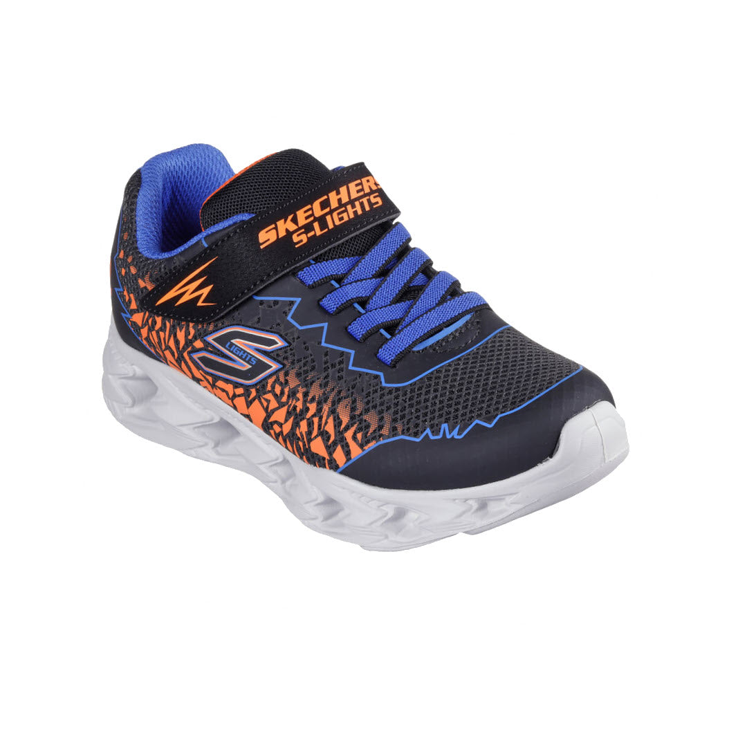 A Skechers S-Lights Vortex 2.0 Blue/Orange children&#39;s light-up sneaker with blue and orange design on a black upper, and a white sole, isolated on a white background.