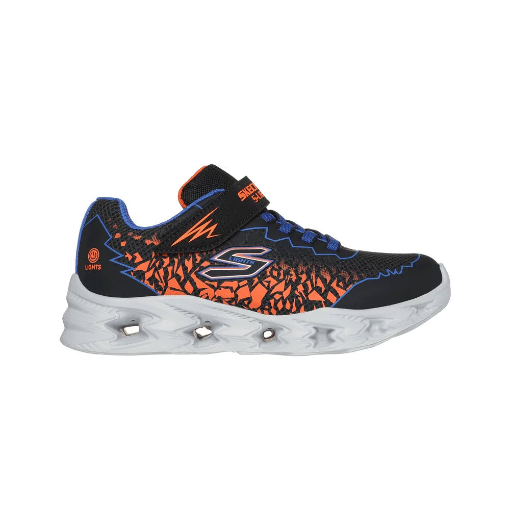 A black and blue Skechers S-SKECHERS S-LIGHTS VORTEX 2.0 light-up sneaker with orange accents and a thick white sole, isolated on a white background.