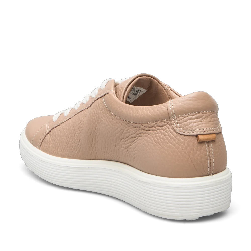 A single beige Ecco Soft 60 Nude women&#39;s walking sneaker with white laces and a thick white sole, displayed on a white background.