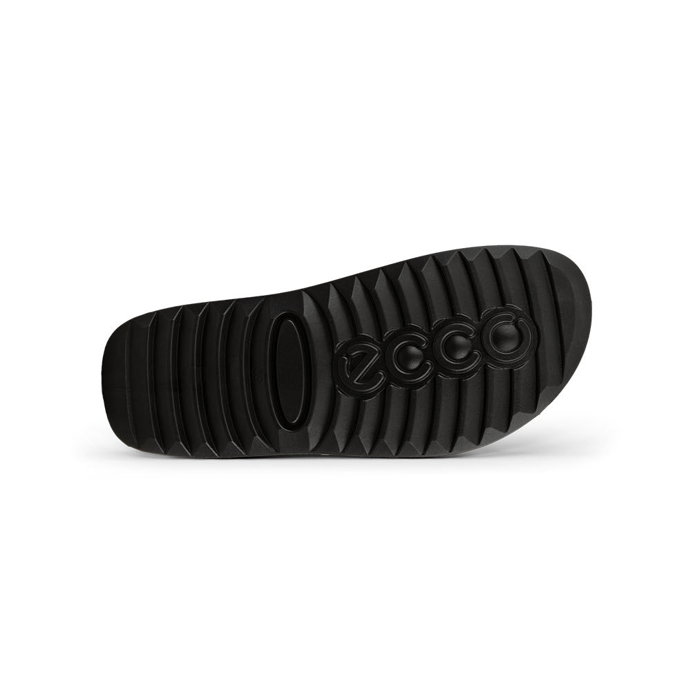 Black ECCO 2ND COZMO M TWO BAND SLIDE POTTING SOIL - MENS shoe sole with the Ecco brand logo embossed, photographed against a white background.