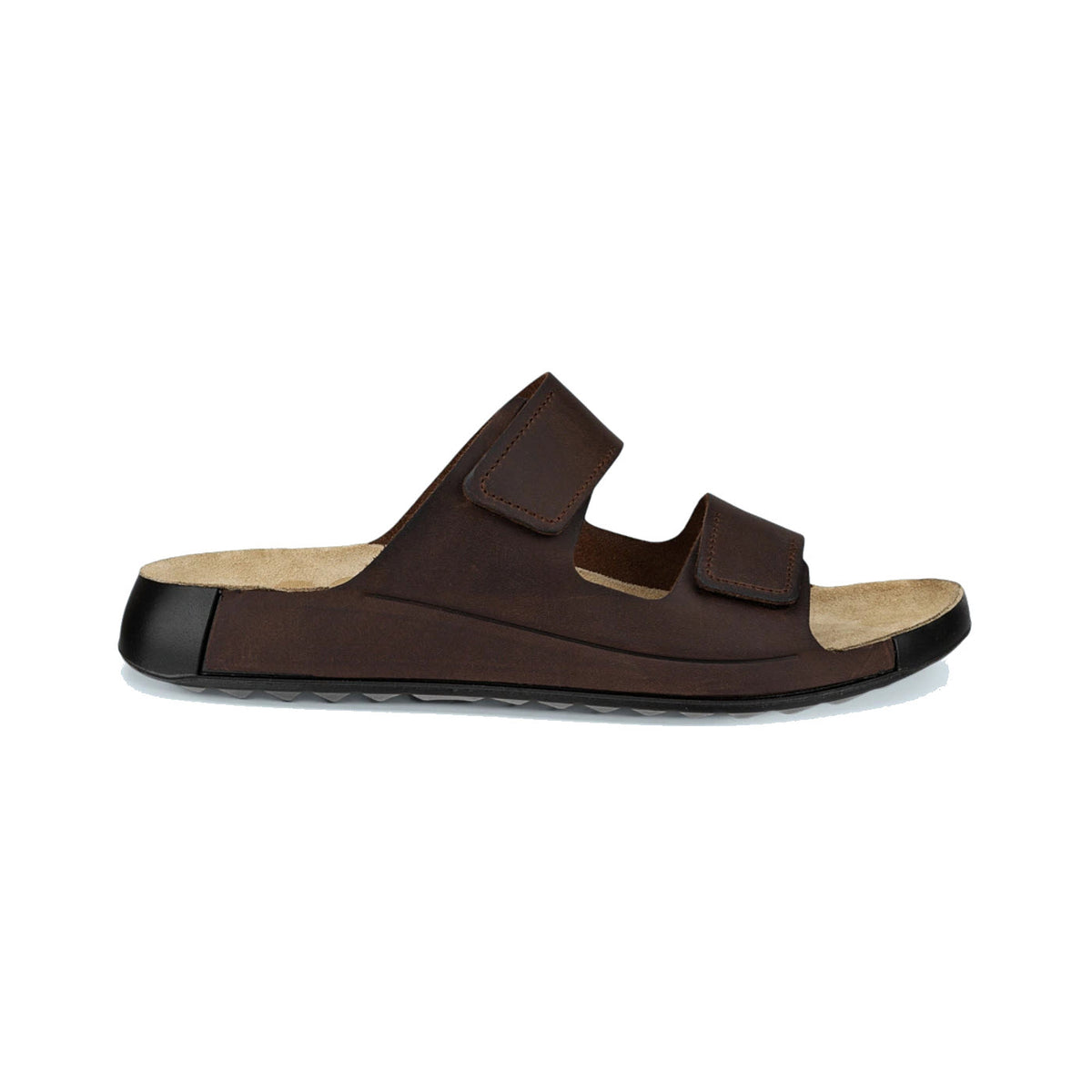 Brown ECCO 2ND COZMO M Two Band Slide sandal featuring premium leather, with two adjustable straps and a cork footbed, isolated on a white background.