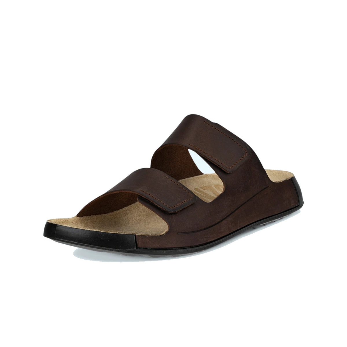 A single brown Ecco 2nd Cozmo M Two Band Slide Potting Soil men&#39;s slide sandal with adjustable straps and a contoured footbed, isolated on a white background.
