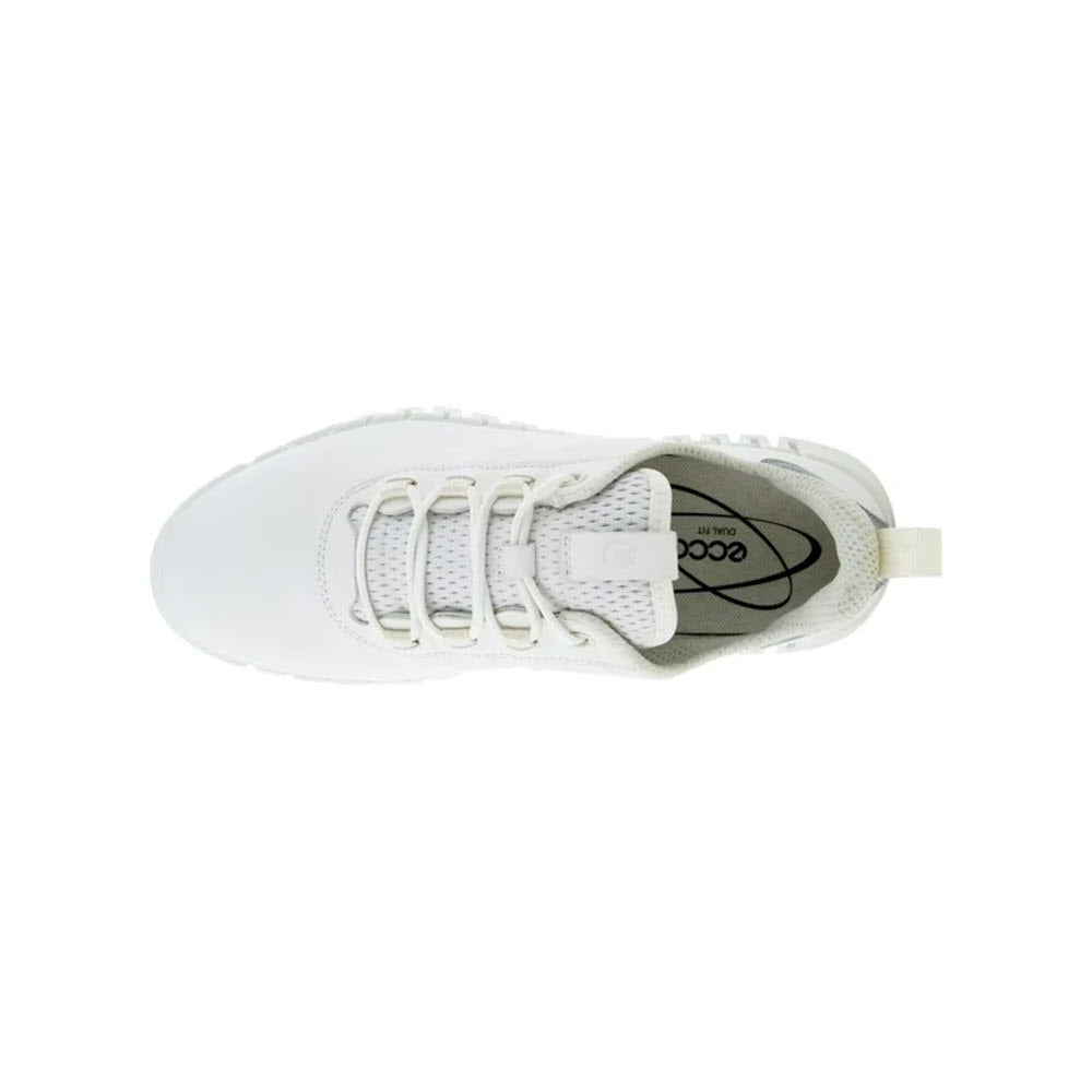 Top view of a white Ecco GRUUV WHITE/LIGHT GREY - WOMENS sneaker with laces, showing the tongue and interior branding.