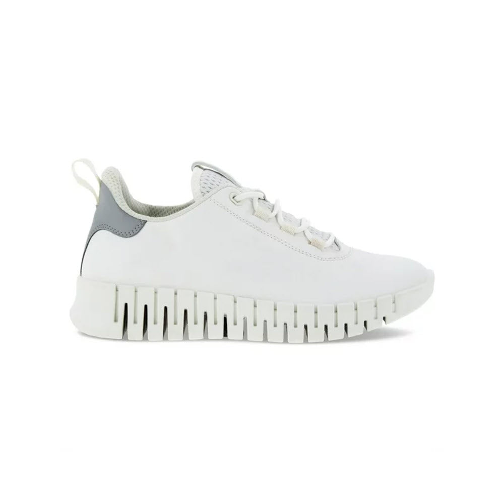 A white Ecco GRUUV sneaker with a unique, jagged two-way flex rubber sole design and gray accents on the heel, isolated on a white background.