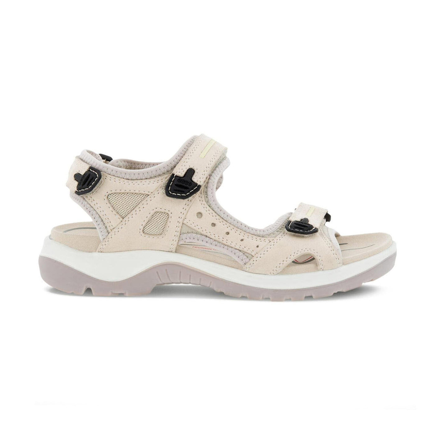 A beige open-toe sandal with multiple adjustable straps and a thick, textured rubber sole designed for everyday walking comfort and support, the Ecco ECCO OFFROAD YUCATAN LIMESTONE MULTI - WOMENS is perfect for all-day wear.