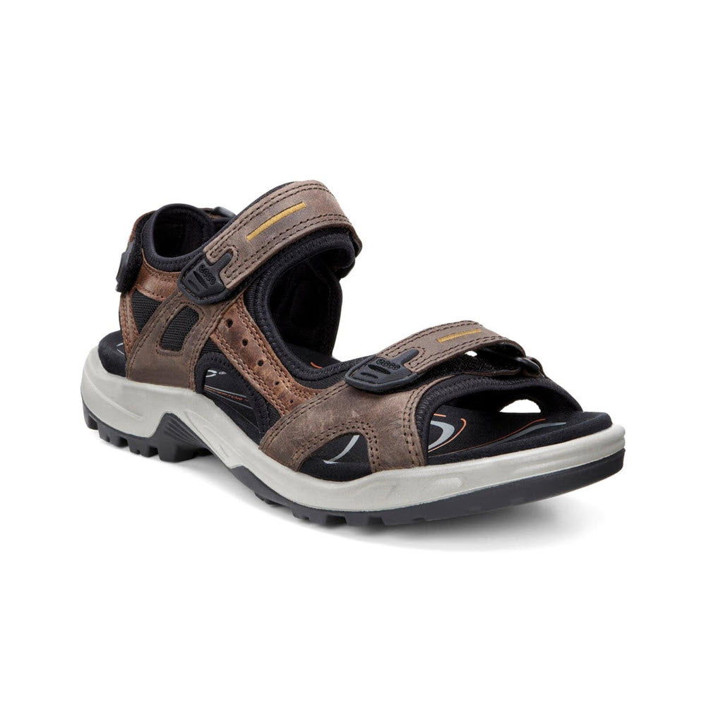 A single brown Ecco Yucatan men&#39;s sports sandal with adjustable hook and loop straps and a rugged sole, isolated on a white background.