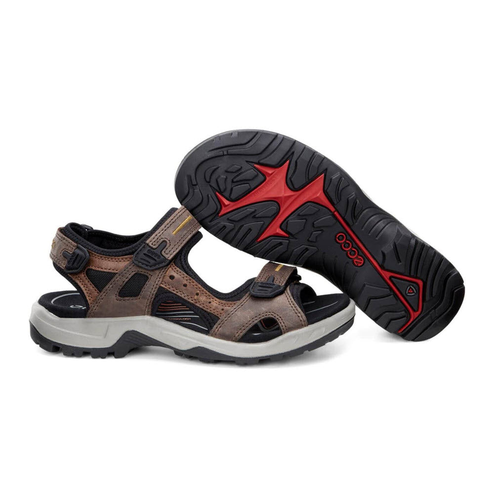 A pair of brown Ecco Yucatan sports sandals with adjustable hook and loop straps and a red accent on the sole, positioned on a white background.