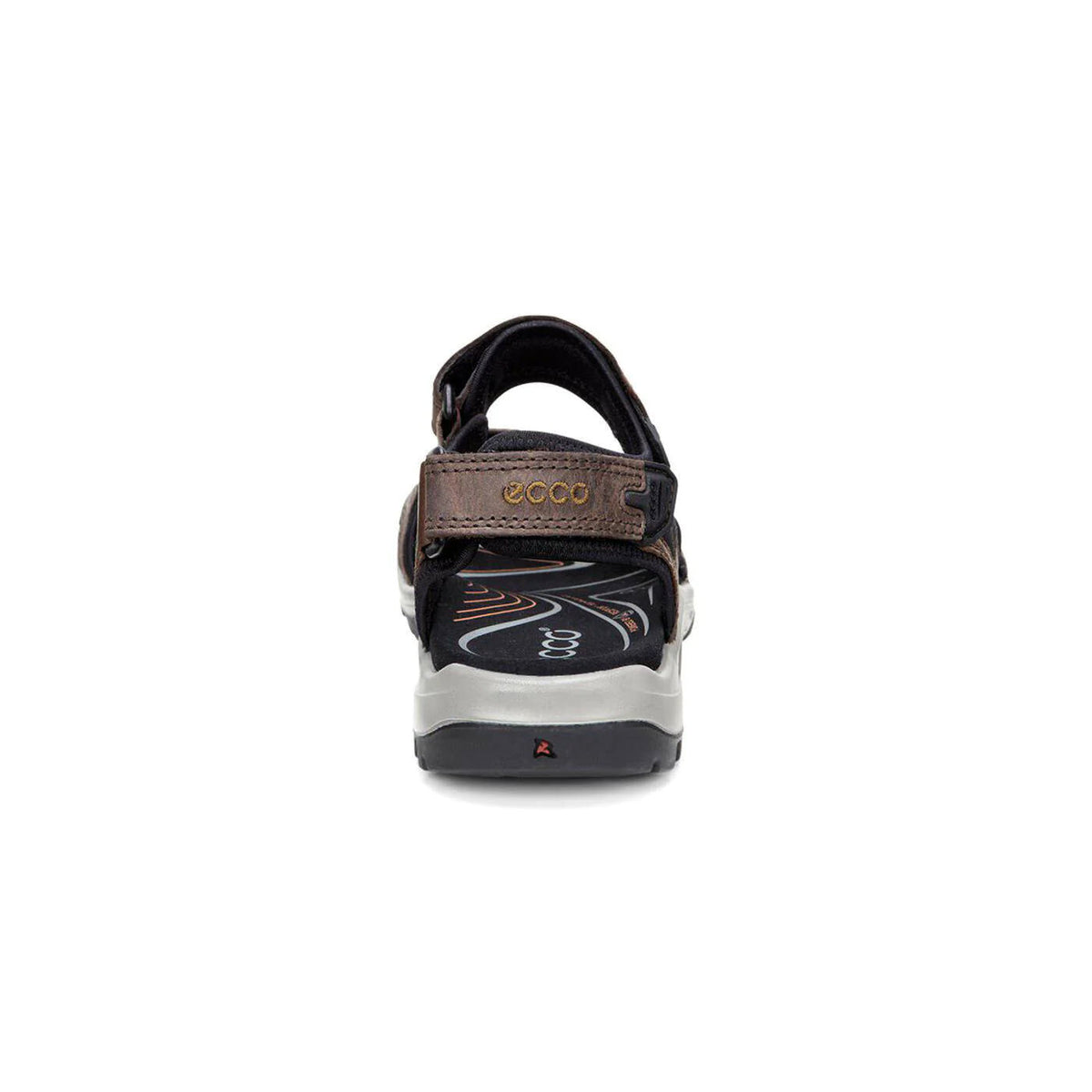 Rear view of a black and brown Ecco Yucatan men&#39;s sandal with adjustable hook and loop straps and a white sole.