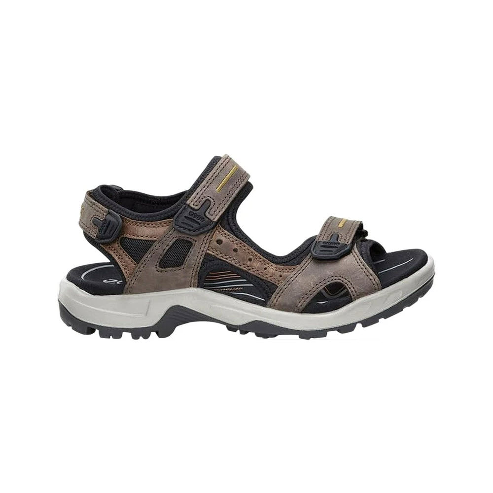 A single brown and black Ecco Yucatan sports sandal with adjustable hook and loop straps and a rugged sole, isolated on a white background.