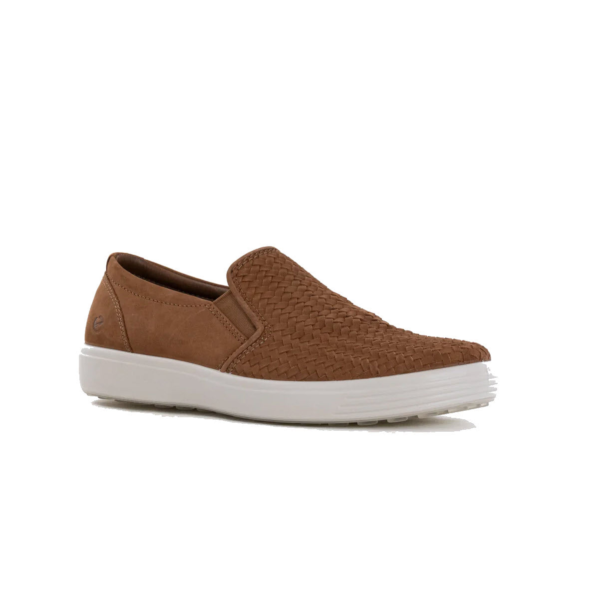 Brown Ecco Soft 7 slip-on casual shoe with a white sole, displayed against a white background.