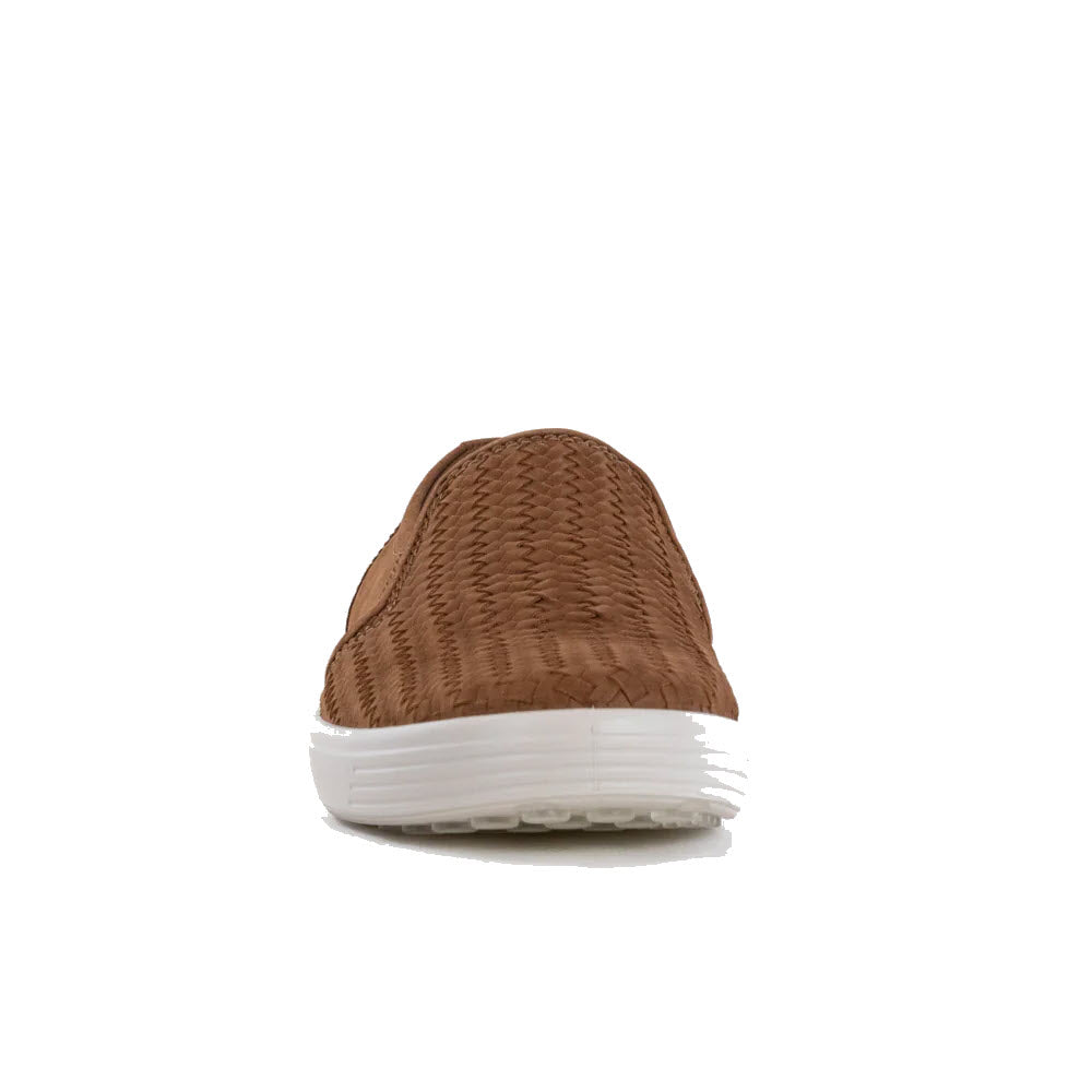 Brown ECCO Soft 7 M Slip On Woven Nubuck Camel - Mens sneaker with a white sole, viewed from the front.