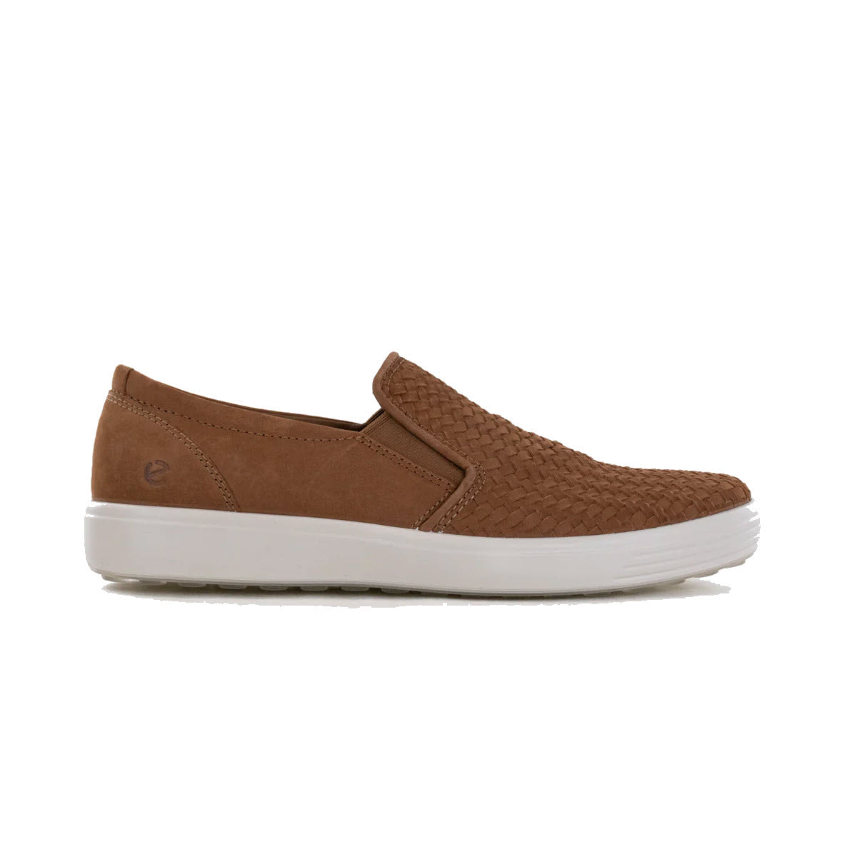 Side view of a brown, woven Ecco Soft 7 slip-on sneaker with a white sole and a small logo on the side.