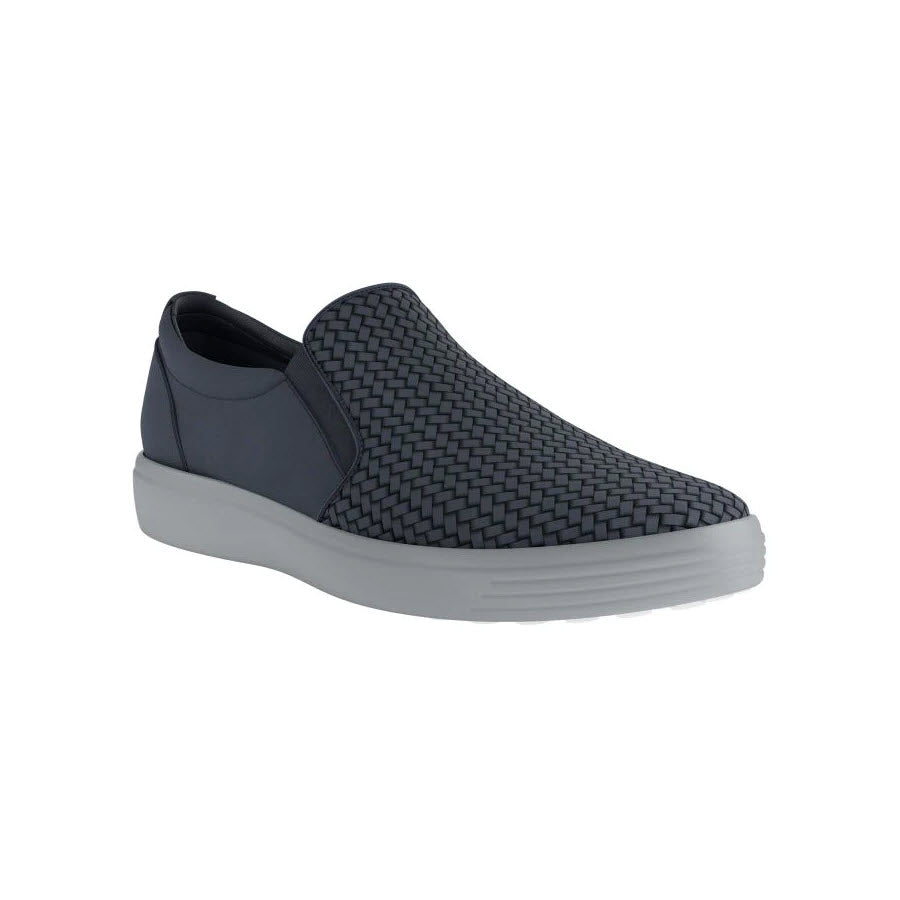 A single dark grey Ecco Soft 7 Slip-On Woven Ombre Nubuck sneaker with a white sole, displayed on a plain white background.