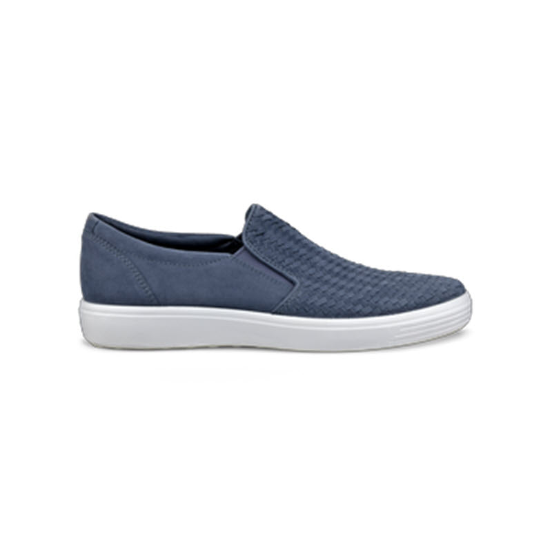 A single navy blue Ecco ECCO SOFT 7 Slip-On Woven Ombre Nubuck Men&#39;s Sneaker with a comfortable contrasting white sole, displayed against a plain white background.