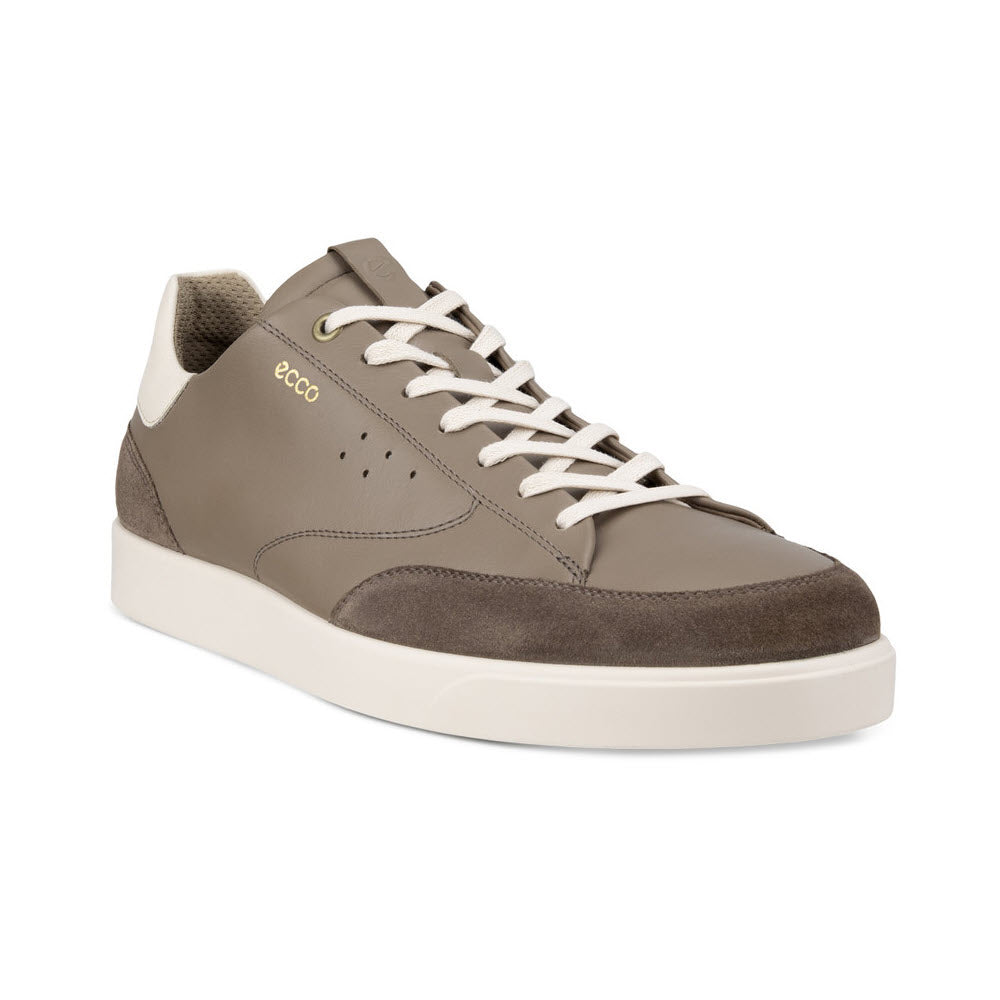 Side view of a modern Ecco Street Lite M Court sneaker in shades of gray and white, featuring lace-up design and a sleek silhouette. Crafted from premium Ecco leathers, this everyday sneaker offers