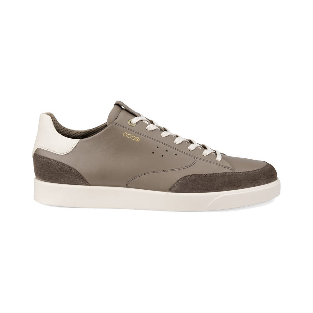 A pair of ECCO STREET LITE M COURT SNEAKER DARK CLAY - MENS in shades of gray and brown with white laces and sole, crafted from Ecco leathers, isolated on a white background.