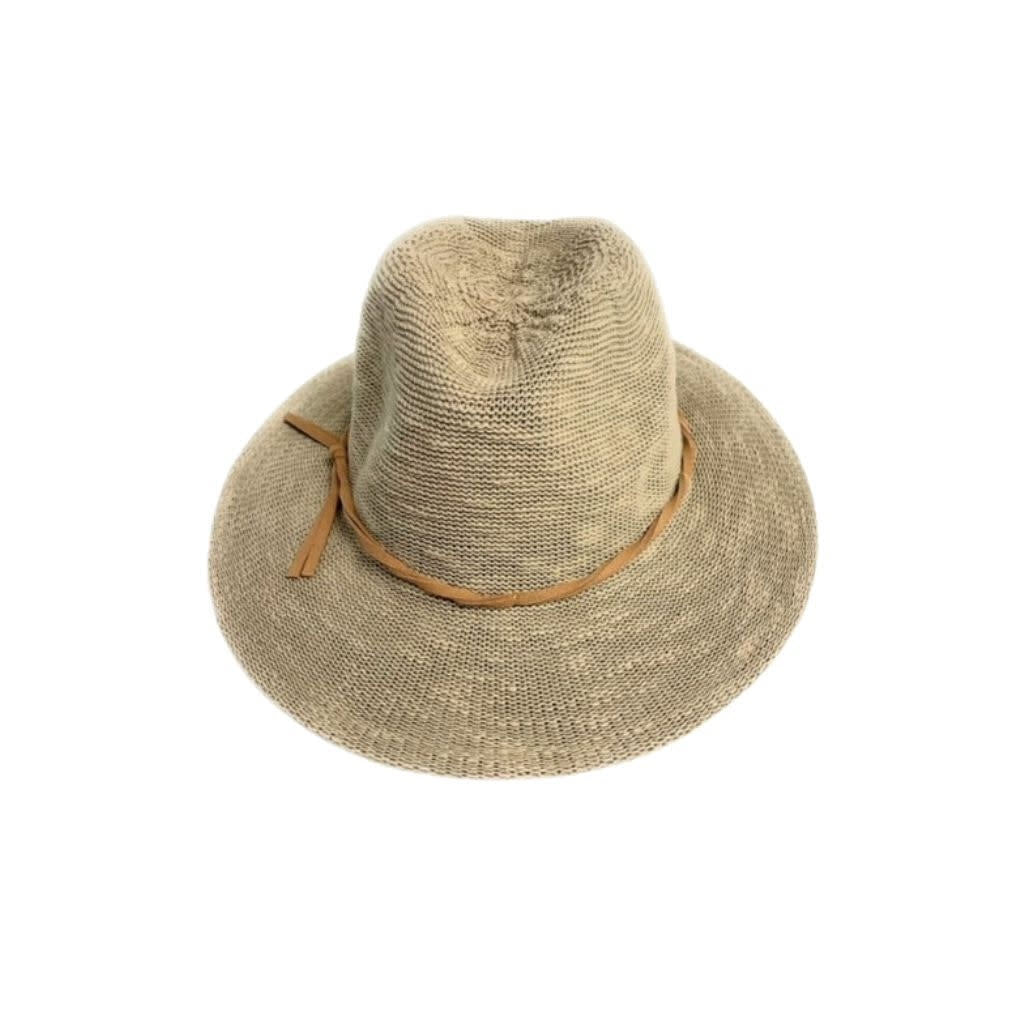 A SHIHREEN COTTON BLEND FEDORA NATURAL hat with a light brown leather band, isolated on a white background.