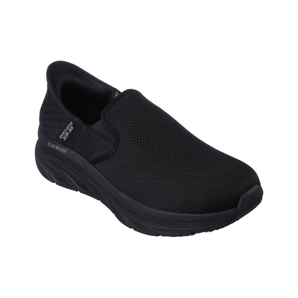 Black Skechers Slip Resistant Joden D&#39;Lux Walker slip-ins featuring a mesh upper and a thick rubber sole, enhanced with Air-Cooled Memory Foam, displayed on a white background.