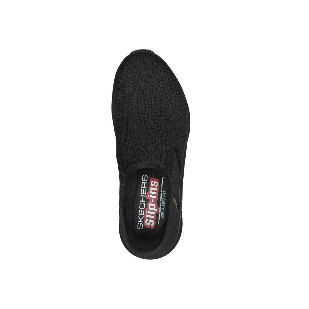 Top view of a black Skechers SLIP RESISTANT JODEN D&#39;LUX WALKER SLIP-INS featuring Air-Cooled Memory Foam and a visible logo on the insole.