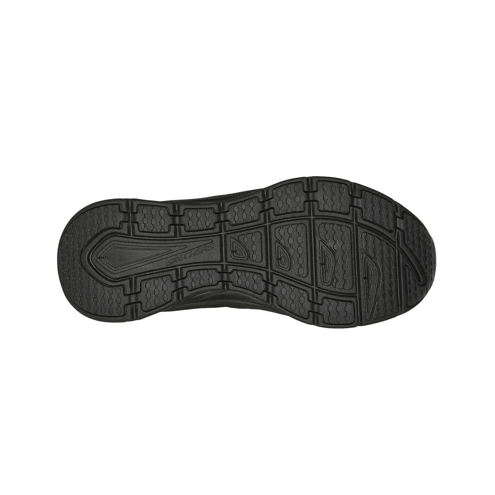 Bottom view of a black Skechers SLIP RESISTANT JODEN D&#39;LUX WALKER SLIP-IN sole with intricate tread pattern, featuring Air-Cooled Memory Foam.