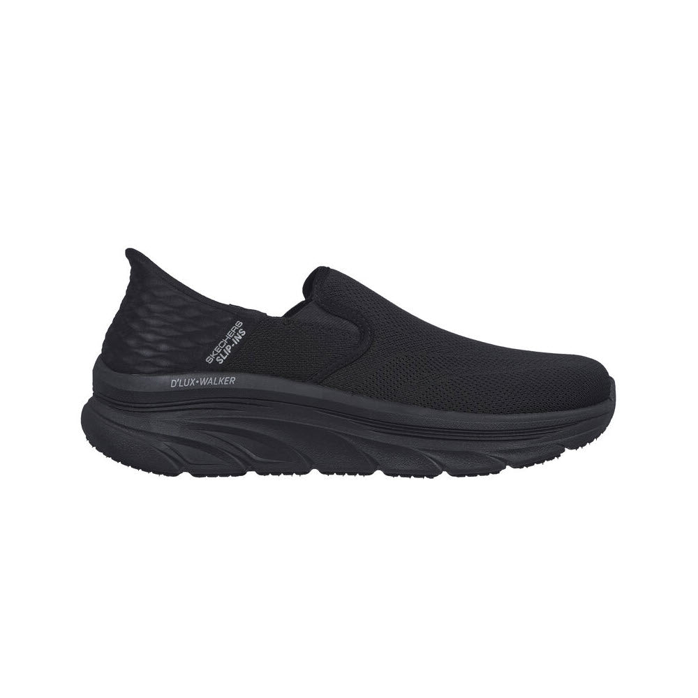A black slip-on sneaker featuring a textured design and an elastic strap across the vamp with the label &quot;SKECHERS SLIP RESISTANT JODEN D&#39;LUX WALKER SLIP-INS BLACK - MENS,&quot; enhanced with Air-Cooled Memory Foam for added comfort.