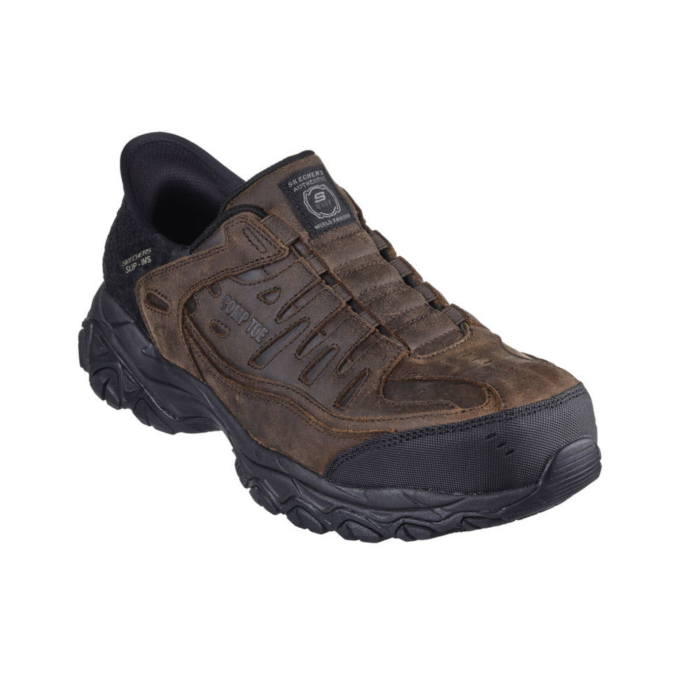 A single brown Skechers hiking shoe with a thick, rugged sole and black detailing, featuring an air-cooled memory foam insole, displayed on a white background.