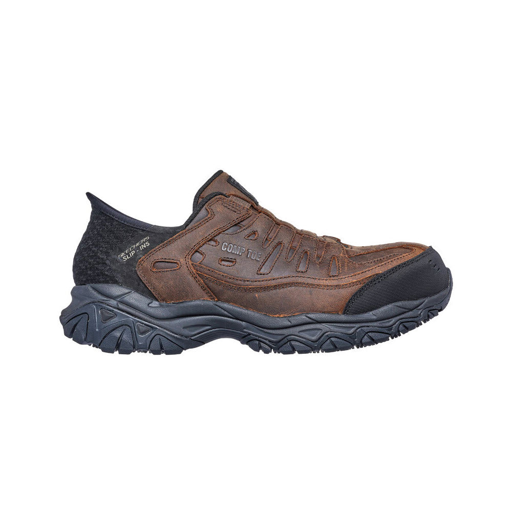 A single Skechers Safety Toe Holdredge Slip-Ins Crazy Horse Brown hiking shoe with a thick, sculpted gray Air-Cooled Memory Foam sole and &quot;oxygen&quot; label on a white background.